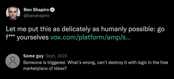 «Скажу максимально вежливо: идите на х.. (ссылка на статью)»«У кого-то бомбануло. Что, не можешь уничтожить это логикой, находясь в свободном пространстве идей?»