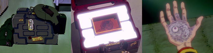 Кадзи перевозит эмбрион Адама (8 эпизод). Эмбрион Адама. Эмбрион Адама, вживлённый в руку Гендо (24 эпизод).