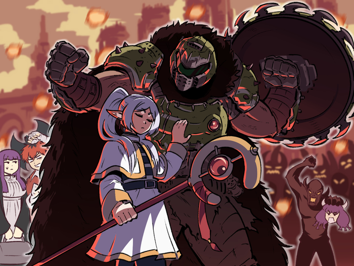  , Anime Art, Frieren, Fern, Stark (Sousou no Frieren), Doomguy, Aura (Sousou No Frieren), Sousou no Frieren, Doom, 