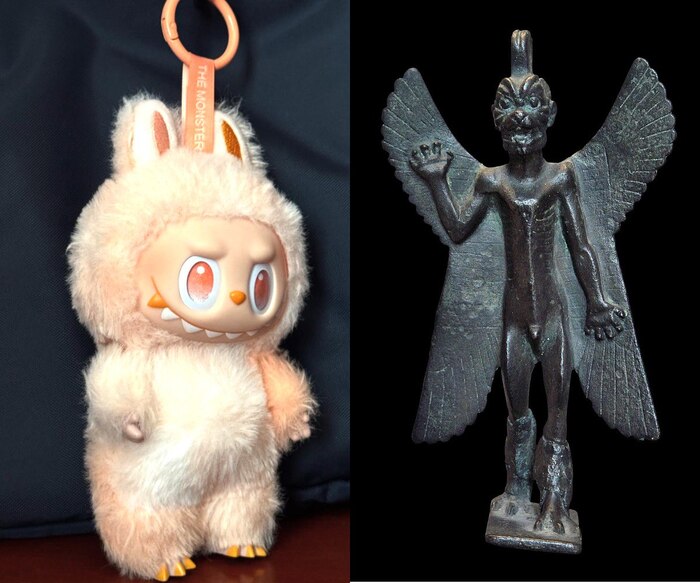 Слева — Лабубу, справа — статуэтка Пазузу в Лувре. Источник: <a href="https://pikabu.ru/story/pravda_li_chto_igrushka_labubu_byila_sozdana_po_obrazu_mifologicheskogo_demona_12970268?u=https%3A%2F%2Fwww.instagram.com%2Fkasinglung%2Fp%2FDHqEo_qx2lw%2F&t=Instagram&h=57cda835762dfff11a0d9f9d1cf8c7926550182a" title="https://www.instagram.com/kasinglung/p/DHqEo_qx2lw/" target="_blank" rel="nofollow noopener">Instagram</a> / <a href="https://pikabu.ru/story/pravda_li_chto_igrushka_labubu_byila_sozdana_po_obrazu_mifologicheskogo_demona_12970268?u=https%3A%2F%2Fcommons.wikimedia.org%2Fwiki%2FFile%3APazuzuDemonAssyria1stMillenniumBCE.jpg&t=Wikimedia%20Commons&h=9462072bc813d644e6e4a6c81e73825bef2f87cd" title="https://commons.wikimedia.org/wiki/File:PazuzuDemonAssyria1stMillenniumBCE.jpg" target="_blank" rel="nofollow noopener">Wikimedia Commons</a>