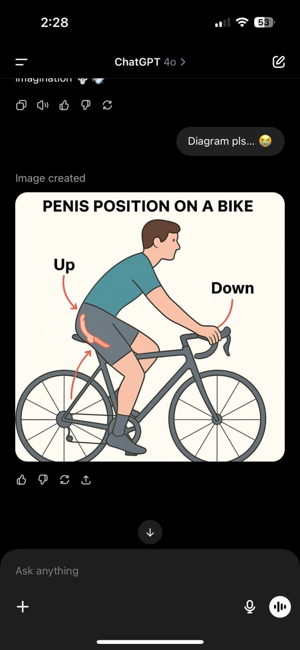 Девушка решила узнать у ChatGPT, как парни катаются на великах и им ничего не давит — ответ убил Искусственный интеллект, Openai, Чат-бот, ChatGPT, Будущее, DeepSeek, Digital, Тренд, Google, Смех (реакция), Мемы, Нейронные сети, Telegram (ссылка)