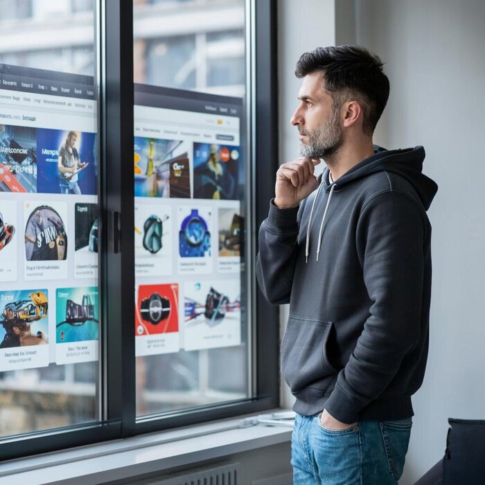 Директор виртуального рынка наблюдает в окно за порядком в торговых рядах)