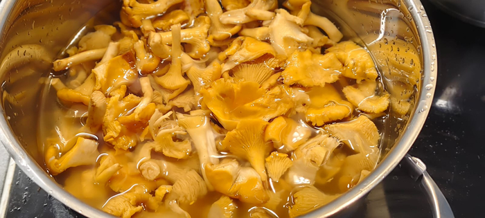 Грибы промываю от лесного мусора. Крупные режу. Заливаю водой ставлю вариться. Буквально на 5-7 минут кипения.