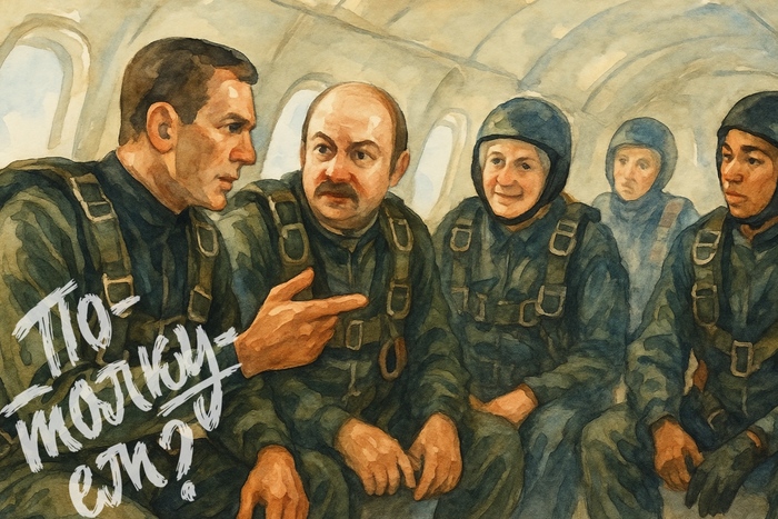 Бонд и Чичиков в самолете, готовятся к прыжку с другими парашютистами.