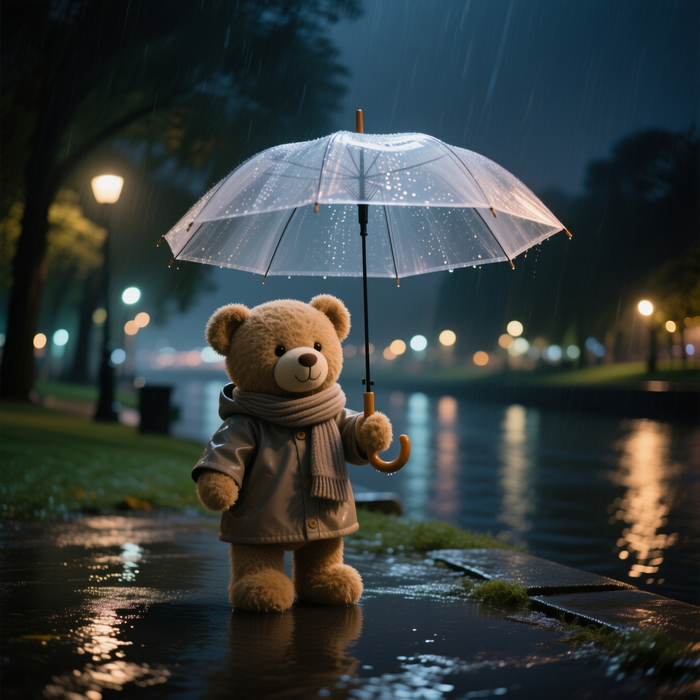 Плюшевый мишка стоит под зонтом ночью в парке около реки, идёт сильный дождь