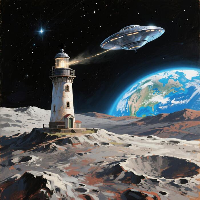 Qwen-Image: Космос, на Луне стоит маяк, рядом пролетает НЛО, на заднем фоне видна земля, высокая детализация, маслом, 2D-рисунок.