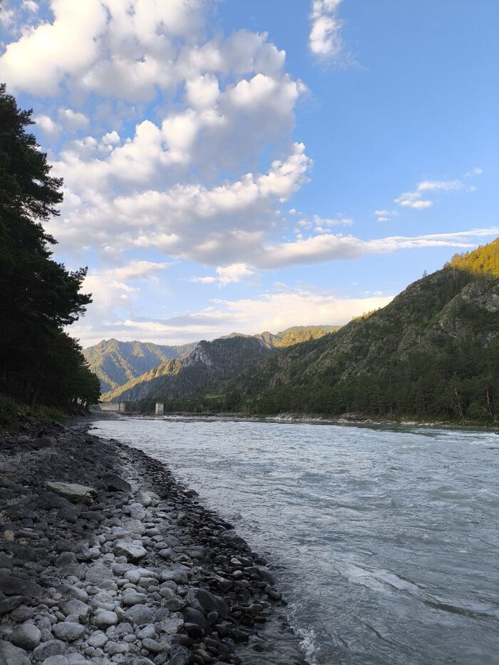 Вдалеке можно увидеть остатки моста - привет от строителей Катунской ГЭС. Она так и не была построена.