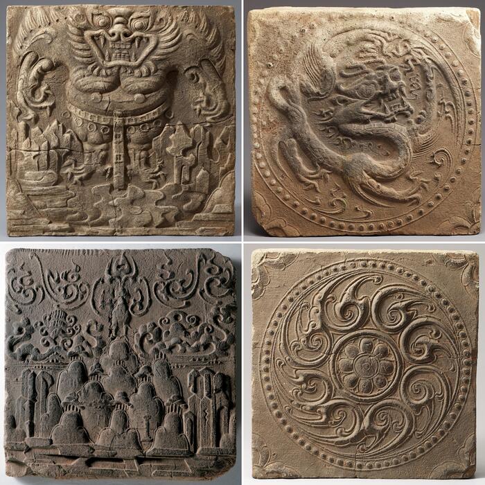 Узорчатая глиняная плитка из Оэри в Пуё, Корейское Королевство Пэкче, 18 г. до н.э. – 660 г. н.э. Ныне хранится в Национальном музее Кореи.