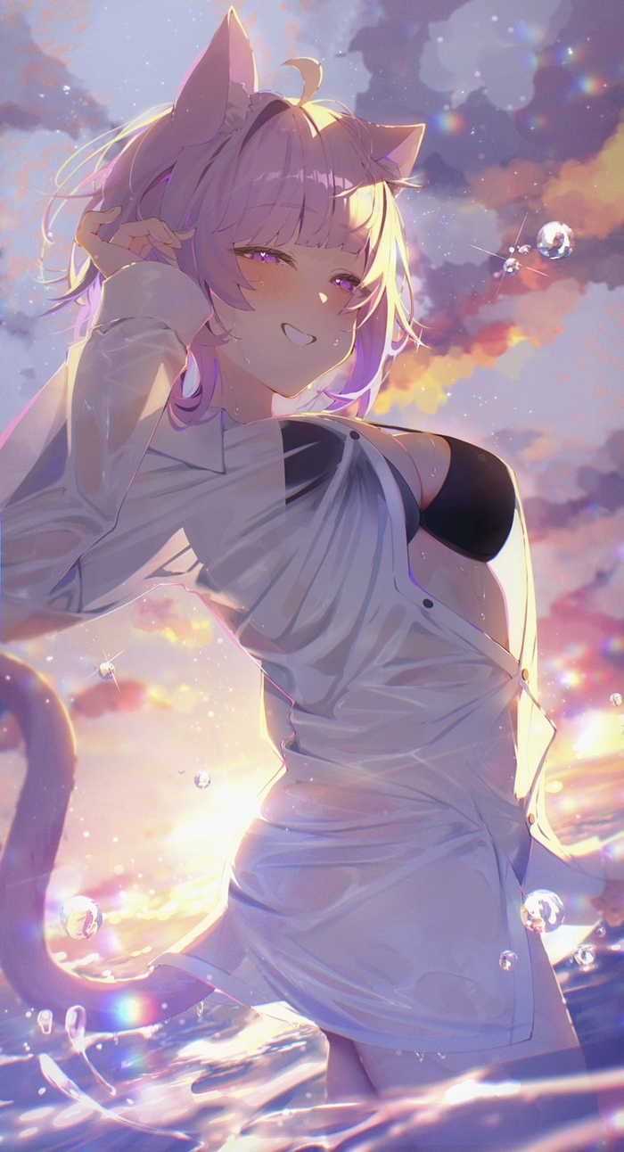 Okayu , Anime Art, Animal Ears, Nekomata Okayu, Hololive, Virtual YouTuber