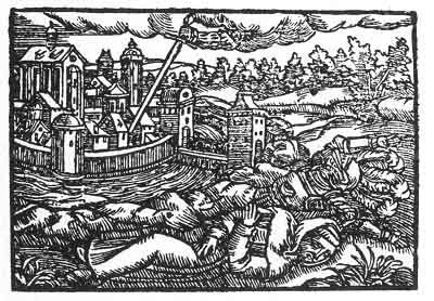 Рис. 22.Монах и рыцарь сбиты с ног, город поражен мечем