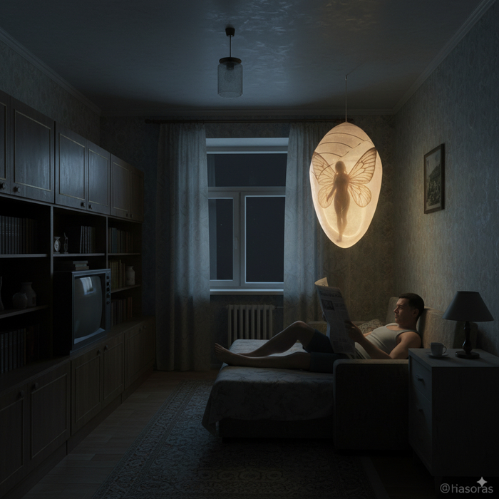 Она мягко светится изнутри и внутри куколки виден силуэт расплывчатый женщины с крыльями. За окном ночь ничего не видно . Атмосфера тихая, волшебная и полная ожидания.