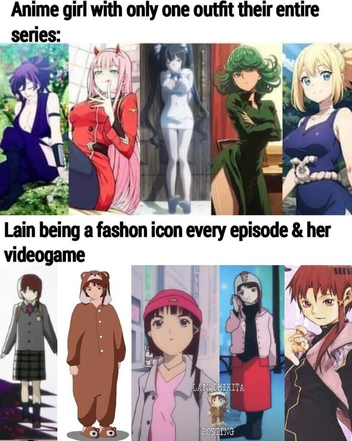 Лэйн иконя стиля в каждом эпизоде и видеоигре