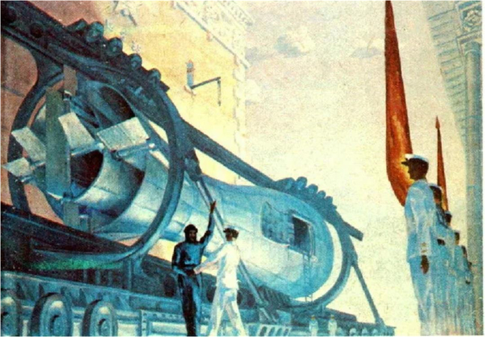 «Прощание с космонавтом» 1935 год. Видны газовые рули управления в сопле Лаваля. Автор Г.И. Покровский, доктор технических наук, профессор, генерал-майор инженерно-технической службы. Иллюстрация из журнала «Техника-молодежи» №2, 1982 год