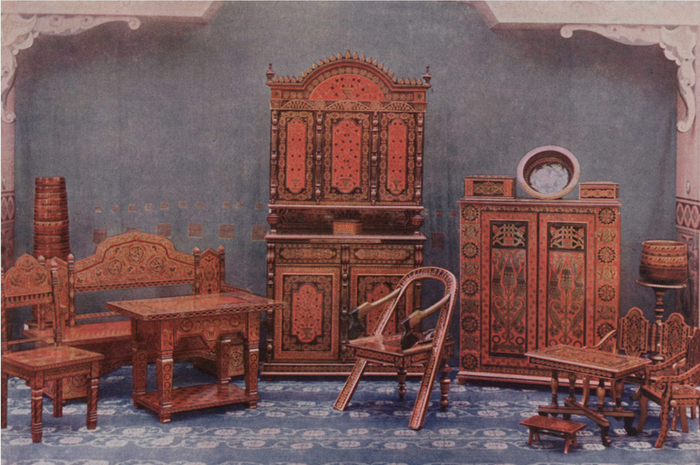 Лаковая красная мебель, исполненная кустарями Балахнинского и Семеновского уезда по рисункам художника А. Дурново. Экспонаты Всероссийской кустарной выставки 1913 года