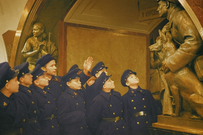 Учащиеся ремесленного училища на станции метро «Площадь Революции», 1940 год, Евзерихин Эммануил Ноевич