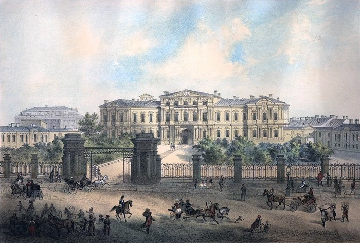 На литографии по рис. И.И. Шарлеманя (1858) – комплекс зданий Пажеского Его Императорского Величества Корпуса в Петербурге по Садовой улице, 26 (бывший дворец графа М.И. Воронцова)