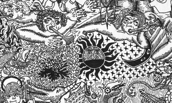 третий - горькая звезда (полынь) на землю падает. чертвертый - стало солнце черным на треть, а луна - целиком. звезды тоже чувствуют себя не очень хорошо.
