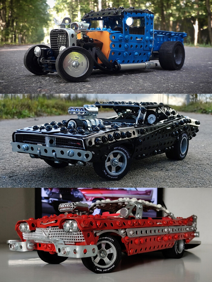 Chevy Pickup, Dodge Charger ,Plymouth Fury из металлического конструктора, проволоки, резины и картона