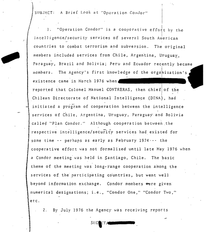 Доклад ЦРУ о том, что среди задач групп «Кондор» была ликвидация лидеров Amnesty International. Фото: Public domain, via Wikimedia Commons