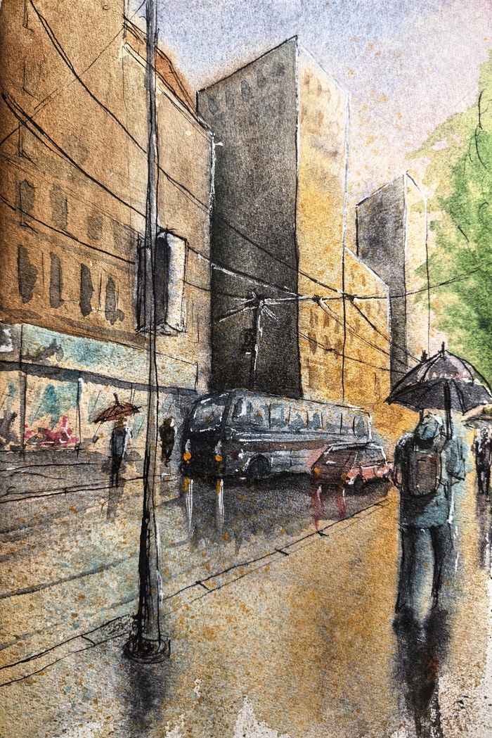 В городе (скетч, акварель, тушь, 15x21)