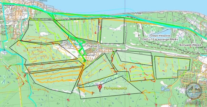 Квадратами выделены задачи для групп. Жёлтые линии на них - треки пройденных маршрутов
