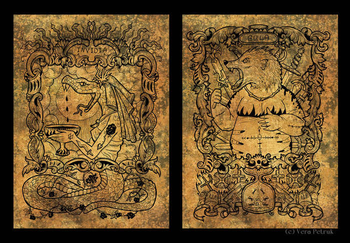 Две карты из проекта "Семь смертных грехов": зависть - змеюка такая истекающая ядом, и обжорство - тут сильно авторская интерпретация на тему) Invidia и Gula - названия грехов на латыни. Рисовала на бумаге линерами, текстуру добавила в Фотошопе. 