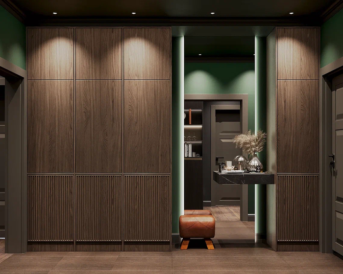 Дизайн интерьера квартиры в ЖК «Коллекционный Дом 1919», прихожая с системами хранения от студии Artum.