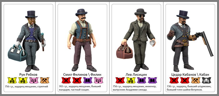 У них изображено по 4 этоса, так как 5-й у всех четырёх вариативный, позволяющий персонажу иметь 20 универсальных токенов.