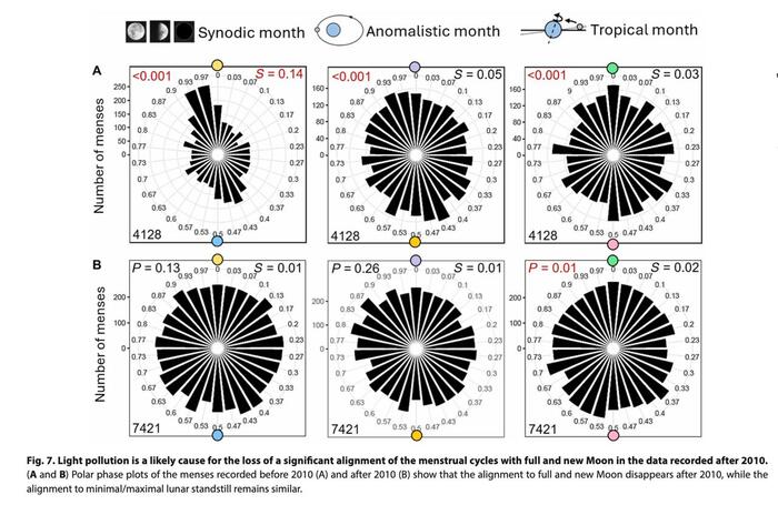 На графике видно связь менструальных циклов с лунными до 2010 года (верхний ряд) и после (нижний ряд). Первая колонка наглядно показывает сильно ослабшую связь со световыми фазами Луны