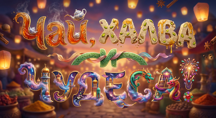 Tea, halva, and miracles. Prompt: "Write a funny text in Russian in an interesting, surrecline-like, hyperrealistic font, inspired by the East."