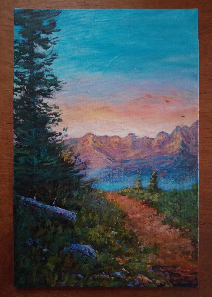Горный закат. Акриловые краски 20х30