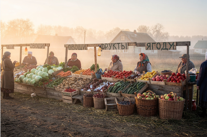 Супер простой промпт в одну строчку на русском языке про рынок в селе. Он даже надписи сам почти нормально сделал, хотя я и не писал ничего про надписи