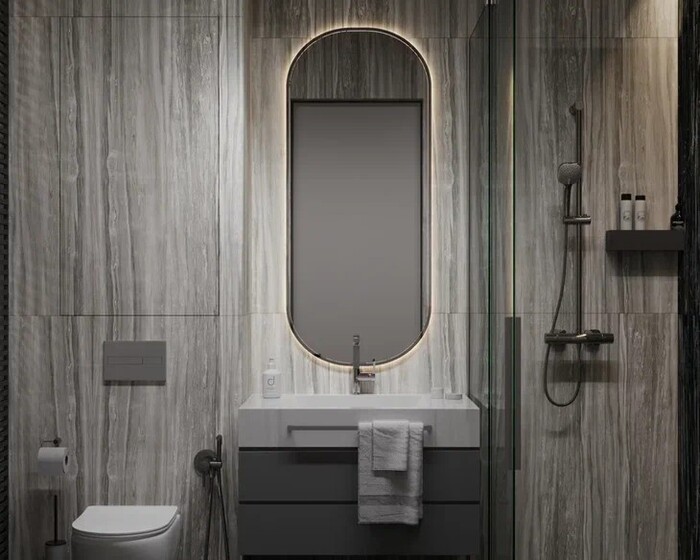 Дизайн интерьера квартиры в ЖК «Ranta Residence», ванная с темными оттенками от студии Artum.