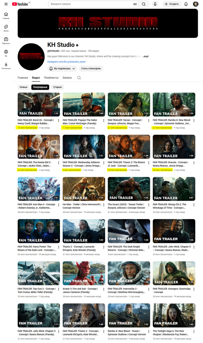 За четыре года трейлеры KH Studio набрали более 608 млн просмотров, сейчас на канал подписано 828 тысячи человек