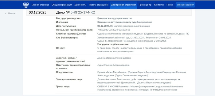 Верховный суд истребовал дело Ларисы Долиной: хронология событий и судебные акты ("Эффект Долиной)"