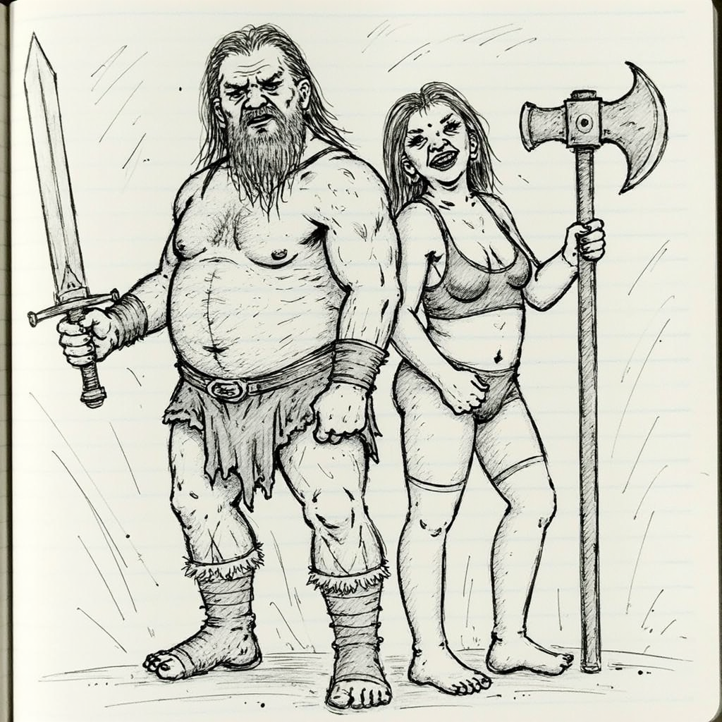 Варвары. Трибют ту @solenakrivetka - Моё, Контент нейросетей, Арты нейросетей, Pinanoc, Варвар, Dungeons & Dragons, Варварша, Flux, Скуфы