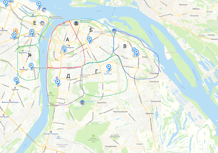 Пример созданный вручную по зонам доставки и расположению объектов.