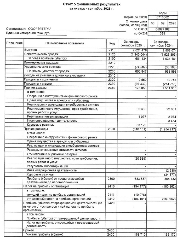 Источник: отчет ООО «Элтера» по РСБУ за 9 мес. 2025