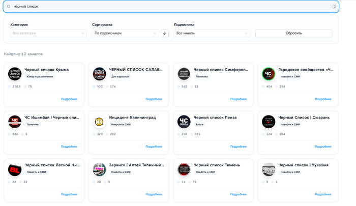 Ну и конечно же чёрный список пустили - каналы с бесмысленными оскорблениями