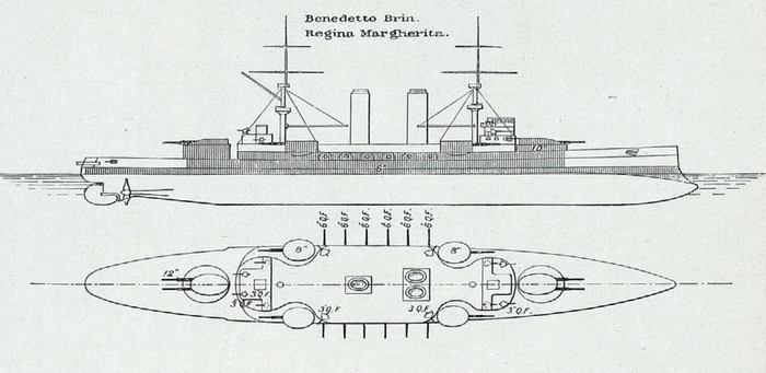 Общая схема броненосцев типа Regina Margherita. Обращает на себя внимание высокая симметричность корабля