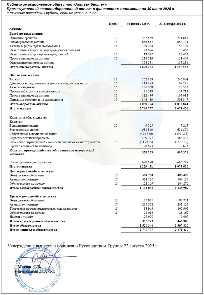 Источник: отчет ПАО «Артген» по МСФО за 6 мес. 2025