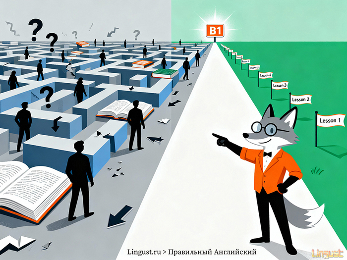 Слева – то, как учат обычно. Справа – как учу я. Не нужно ломать голову, куда идти дальше.