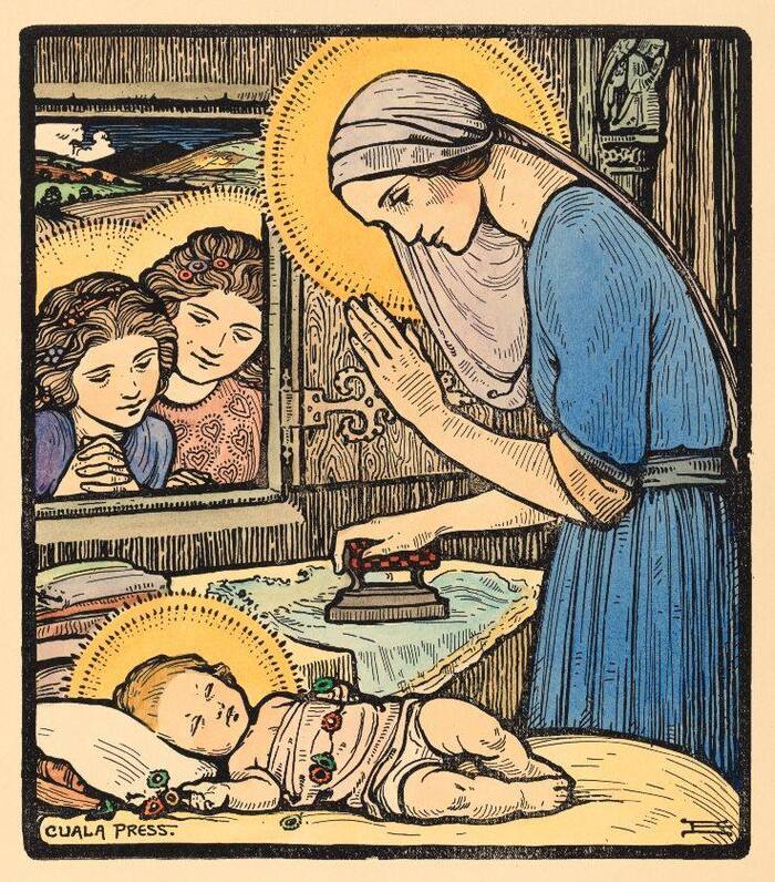 Beatrice Glenavy (1883-1970). Our Lady ironing. Cuala Press hand-coloured print.