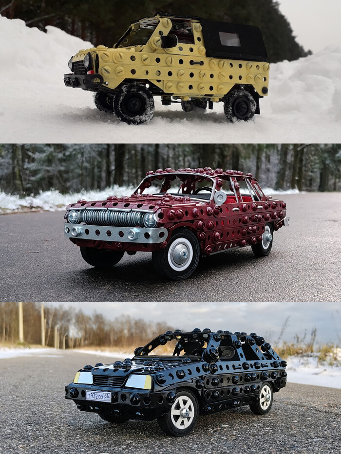 ЛуАЗ-969М, ГАЗ-24, ВАЗ-2109 из металлического конструктора, проволоки, резины и картона