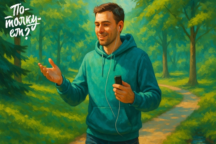 Мужчина в худи идёт по парку, жестикулирует и репетирует речь во время прогулки