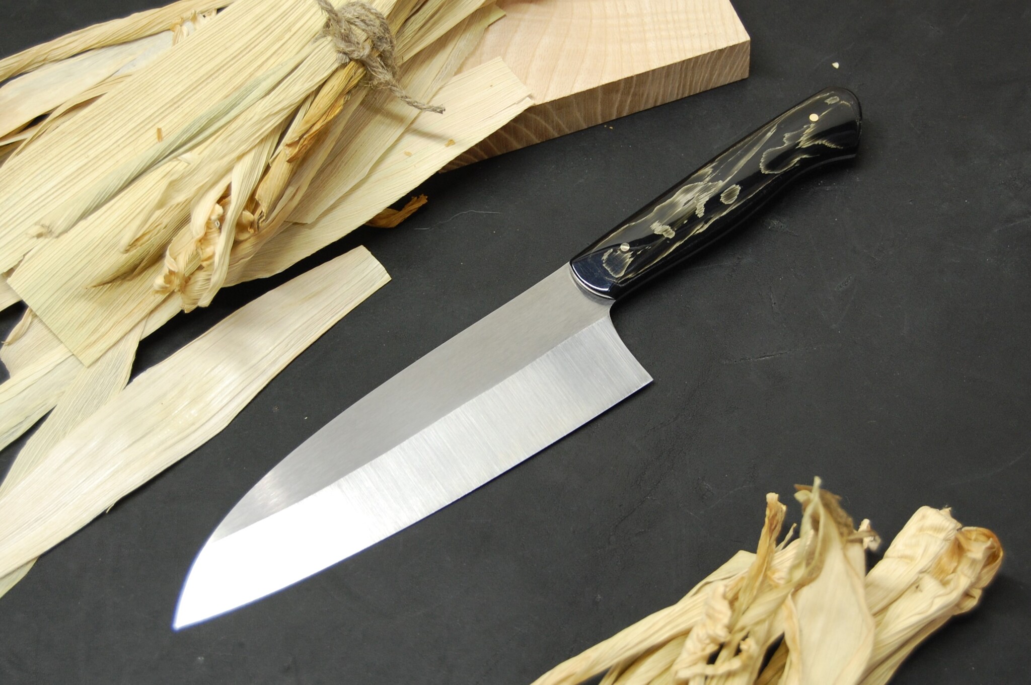 Santoku with corn leaves - Series Knives workshop Raven Blade, My, Needlework without process, Handmade, With your own hands, Needlework, Longpost, Knife