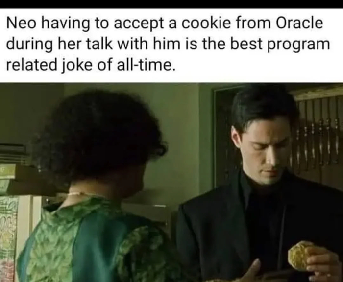 Нео соглашается принять куки от Оракла.