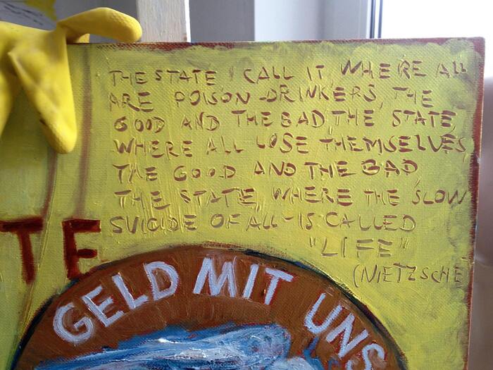 The state, I call it, where all are poison-drinkers, the good and the bad: the state, where all lose themselves, the good and the bad: the state, where the slow suicide of all�is called "life." Painting by Lena Hades, 2016-2026