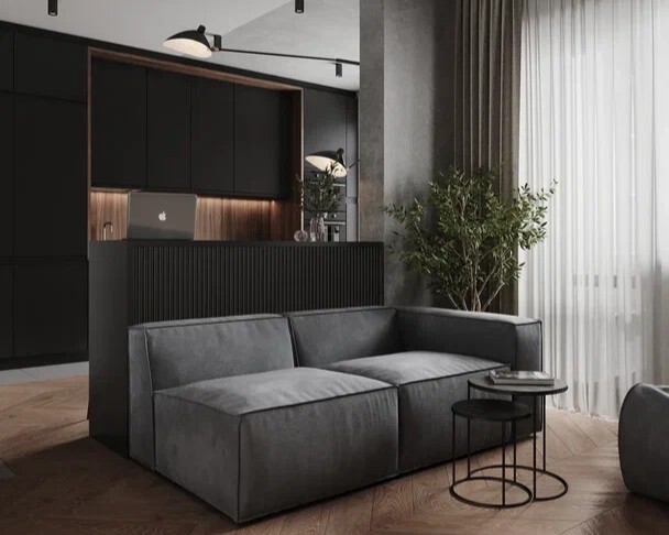 Дизайн интерьера квартиры в ЖК «Форевилль», гостиная и кухня с темными фасадами от студии Artum.