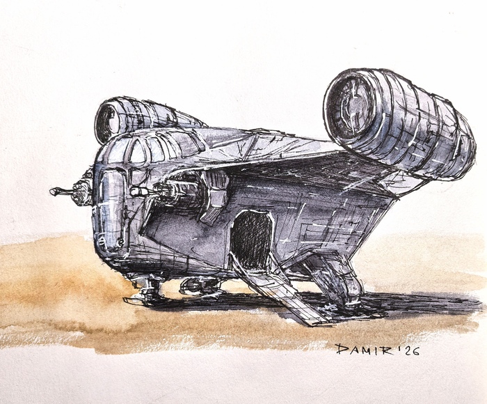 Корабль "Лезвие бритвы", фанарт, (скетчбук, линеры, акварель)